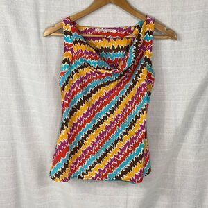 Trina Turk Colorful Zigzag Pattern Cowlneck Sleeveless Blouse